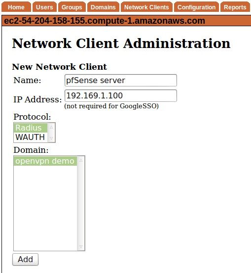 Adding the pfSense server as a network client to the WiKID Strong Authentication Server